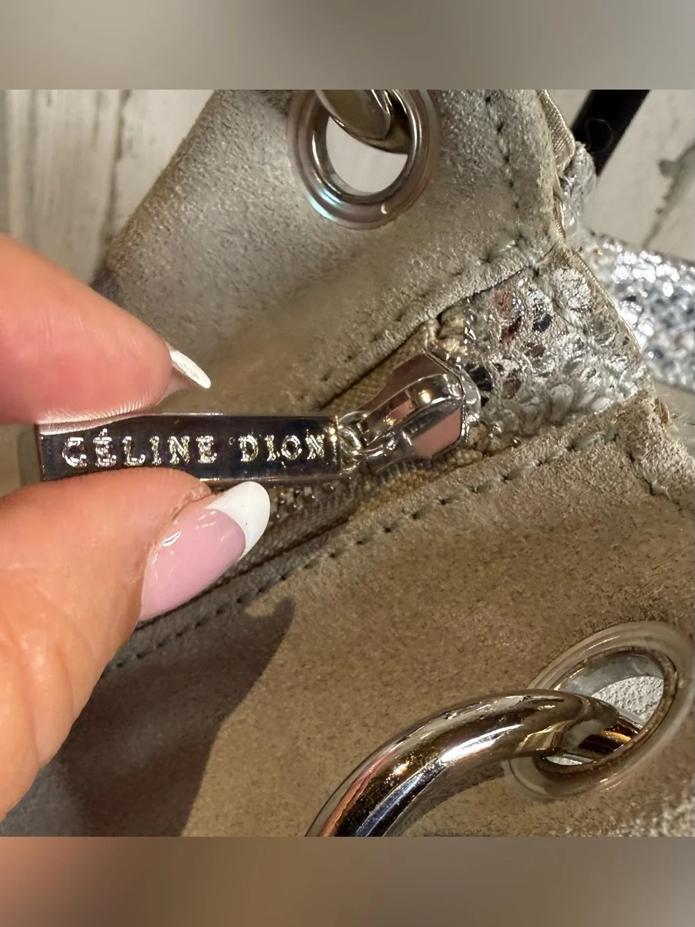 Celine Dion Gray Suede Shoulder Bag with Metallic Snake Trim Y2K